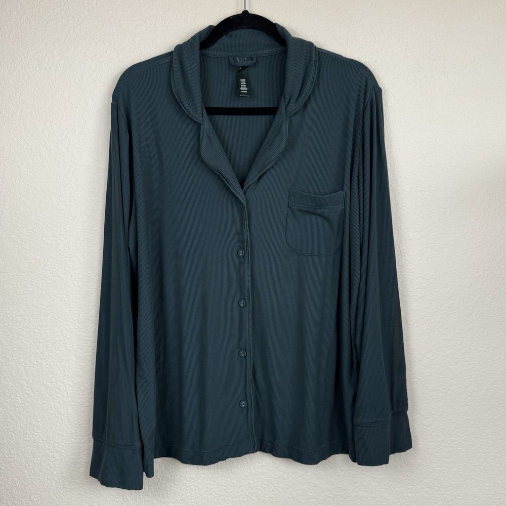 Skims Soft Lounge Ribbed Pajama Sleep Shirt Dark Green Women's Med Long Sleeve